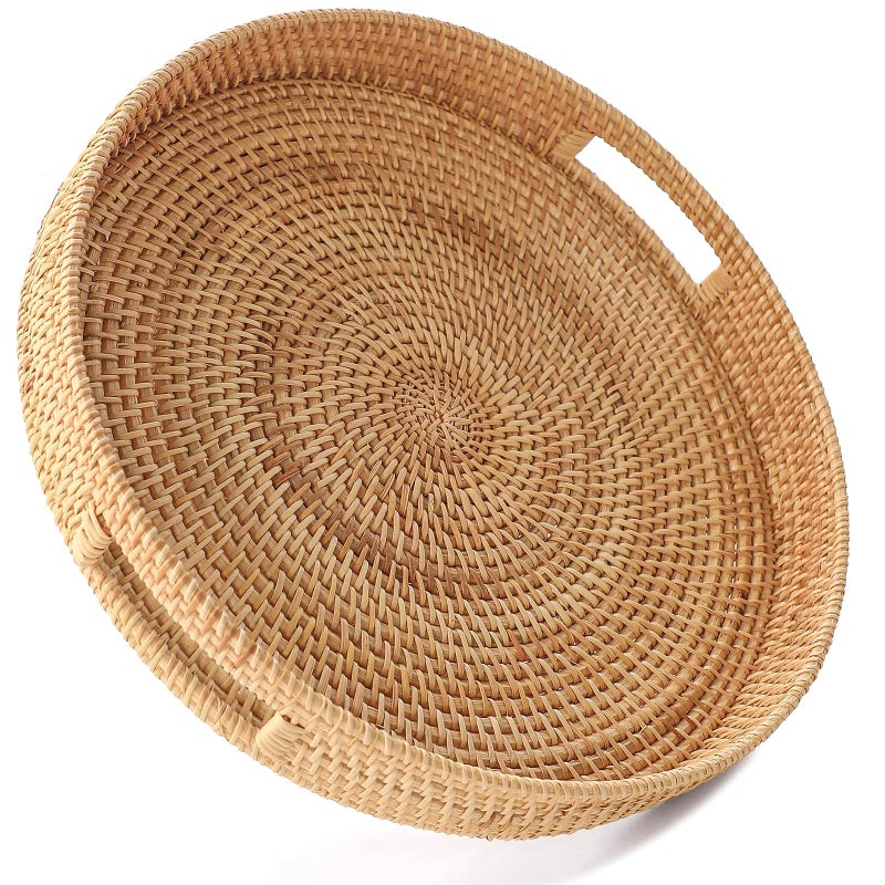 HITOMEN 14.2" Hand-Woven Round Rattan Serving Tray Decorative Ottoman Wicker Platter with Handles for Coffee Table, Breakfast, Drinks, Snack, Bread, Fruit, Vegetables (Natural-L) - Image 1